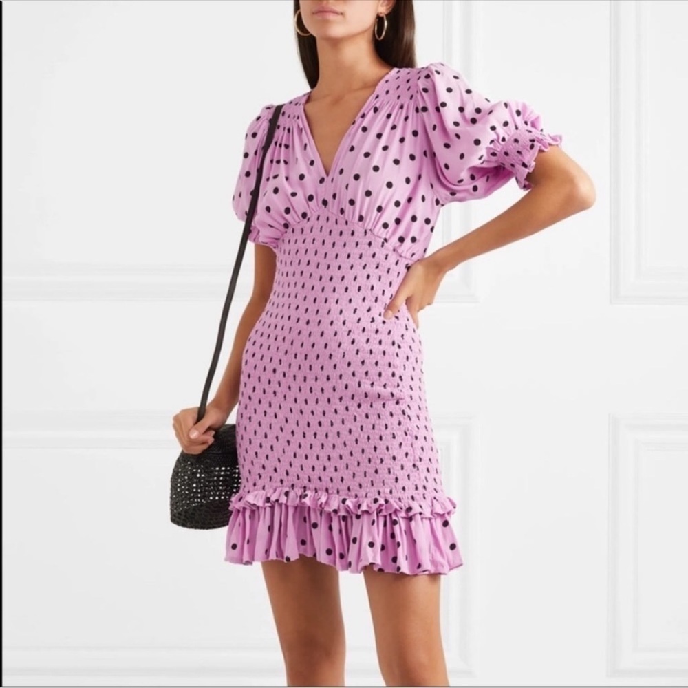 Faithful the Brand Pink Polka Dot Rushed Puff Sleeve Dress Size 2